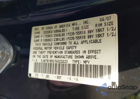 2007 Acura Rdx z USA, uszkodzony, nr VIN 5J8TB18507A022423